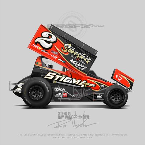 A black, red and gold number 2 Sprint Car vector racing graphic wrap layout. Design resources available for graphic designers, freelance designers and wrap shops. All resources for this racing wrap design are available at schoolofracinggraphics.com. Sprint Car Designs, Auto Racing Art, Racing Graphics, Sprint Car Racing, Sprint Car, Cars Bikes, Automotive Artwork, Track Racing, Car Wrap Design