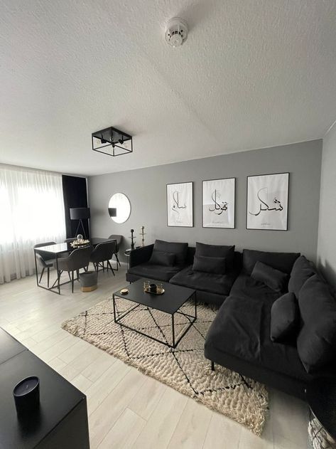 Black And Grey Apartment, Black White Grey Apartment, Black White Grey Apartment Decor, Black And Gray Studio Apartment, Black And Grey Home Aesthetic, Grey And White Living Room Ideas Modern, Black And White House Aesthetic, Black And White Studio Apartment, Modern Grey Living Room Ideas