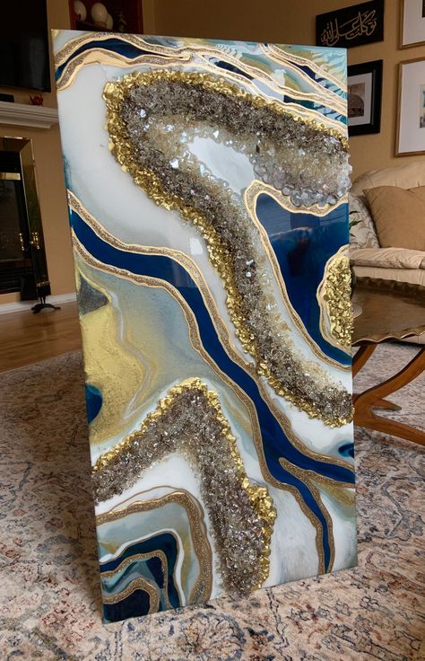 Resin Art Canvas, Seni Resin, Blue Modern Art, Gold Artwork, Resin Art Painting, Geode Art, Resin Wall Art, Canvas For Beginners, Seni 3d