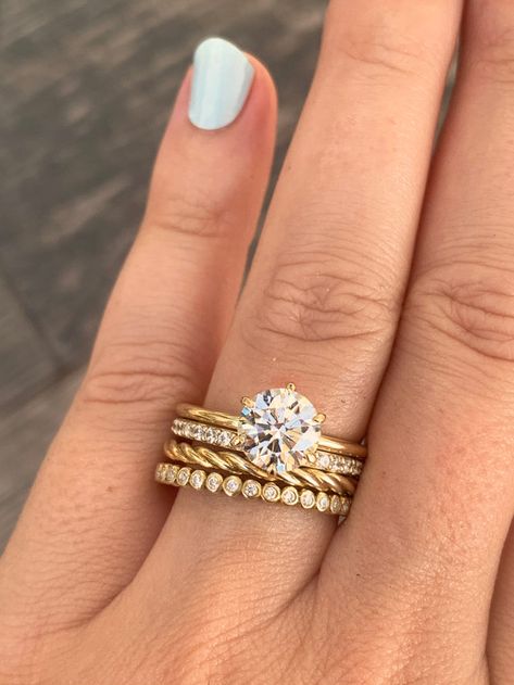 Yellow Gold Engagement Rings: 2021’s Trendiest Metal | Frank Darling Mixed Metal Wedding Rings, Wedding Band Stack, Large Engagement Rings, Frank Darling, Yellow Gold Solitaire Engagement Ring, Gold Band Wedding Ring, Ring Stacks, Prong Engagement Rings, Stackable Rings Wedding