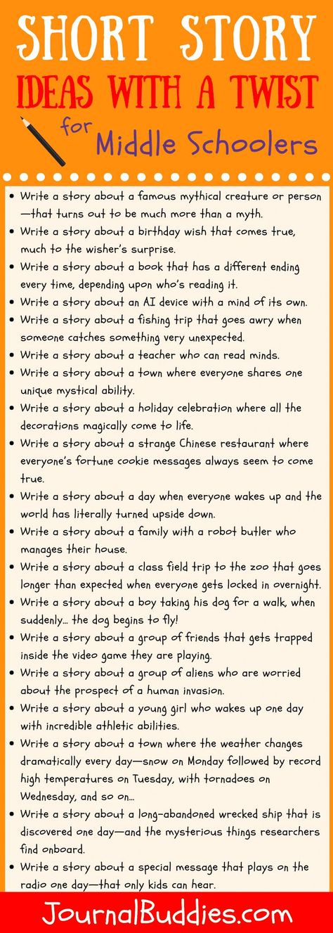 Use these short story ideas with a twist to encourage your middle-schoolers to think outside the box… and to be as creative as they can! Short Story Ideas, Short Story Writing Prompts, Short Story Prompts, Journal Prompts For Kids, Creative Writing Ideas, Writing Plot, Homeschool Writing, Story Writing Prompts, Writing Prompts For Kids