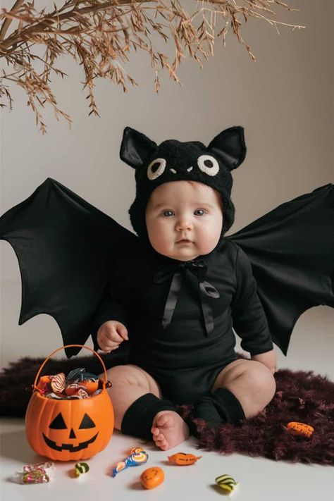 A baby dressed in an adorable bat costume, lying on a flat surface. The baby is wearing a black outfit with bat wings spread out, and a matching black hat with cute eyes and small ears. Newborn Bat Costume, Baby Bat Photoshoot, Baby Pumpkin Costume Diy, Halloween Pictures For Babies, Bat Baby Costume, Diy Baby Bat Costume, Family Bat Costume, Baby Bat Makeup, Easy Diy Baby Halloween Costumes