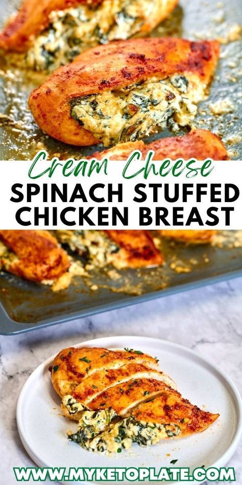 This Spinach and Cheese Stuffed Chicken Breast is a crowd-pleasing dinner option that's both popular and simple to make. Chicken breasts are stuffed with creamy spinach and cheese, then baked until juicy and delicious. With its low carb content, it's an ideal choice for a keto-friendly dinner. Cream Cheese Spinach Stuffed Chicken, Spinach And Cheese Stuffed Chicken, Spinach Stuffed Chicken Breast, Stuffed Chicken Breast Cream Cheese, Cream Cheese Spinach, Stuffed Chicken Breast Spinach, Cheese Stuffed Chicken Breast, Dada Ayam, Cheese Spinach