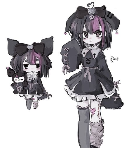 Kuromi Character Design, Kuromi Art Human, Hello Kitty Outfit Drawing, Sanrio Characters Human Version, Kuromi's Pretty Journey, Kuromi Gijinka, Sanrio Gijinka, Kuromi And My Melody Cosplay, How To Draw Kuromi