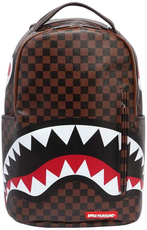 Shark In Paris Faux Leather Backpack Spray Ground, Shark Backpack, Faux Leather Backpack, Carry On Luggage, Water Resistant Fabric, Designer Backpacks, Gold Zipper, Sharks, Louis Vuitton Damier