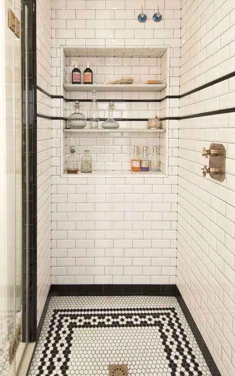 Love the black and white subway tiles, hexagonal tiles and custom recessed niche in this shower Art Deco Bathroom, White Subway Tiles, Deco Bathroom, Bad Inspiration, Classic Bathroom, Bohol, Estilo Art Deco, Dream Bathroom, Bath Remodel