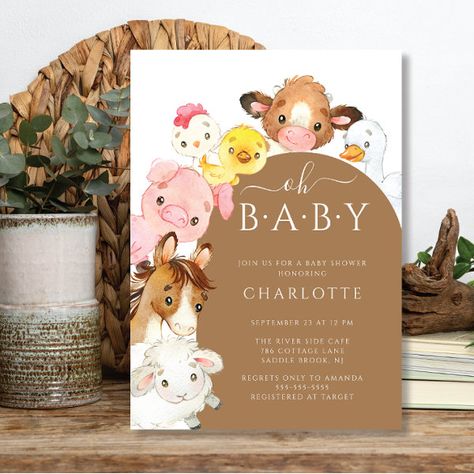 Oh BabyFarm Animals Baby Shower Invitation Baby Shower Arch, Shower Arch, Gender Neutral Invitations, Shower Modern, Invitations Pink, Cow Baby Showers, Farm Baby Shower, Animal Baby Shower Theme, Modern Baby Shower Invitations