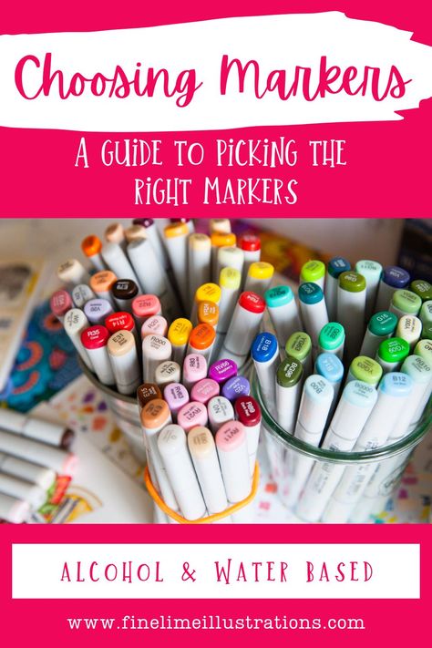 Not sure what kind of art markers you should buy for yourself or as a gift for another artist? This guide walks you through the differences between alcohol markers and water based markers, what can affect the price of markers and the pros and cons of each type! Acrylic Paint Markers Ideas, Water Based Markers, Illustration Tips, Watercolor Markers, Alcohol Ink Markers, Artist's Loft, Artist Markers, Best Alcohol, Art Markers