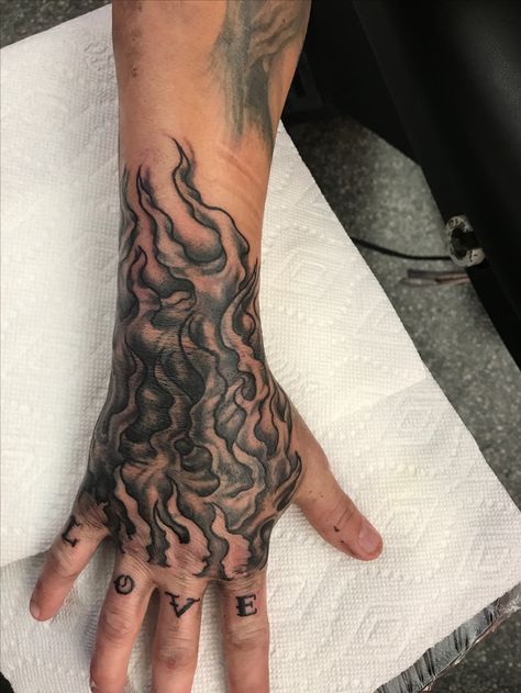 Flames Tattoo Hand, Fire Sleeve Tattoos For Guys, Flame Hand Tattoo Men, Hand Tattoos Flames, Fire Tattoo On Hand, Otf Hand Tattoo, Fire On Hand Tattoo, Hand Filler Tattoos, Raw Hand Tattoos