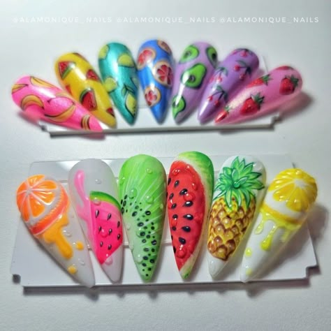 Fruit nails. Fruit nailart Neon Fruit Nails, Fruit Slice Nails, Nails Fruit Design, Fruit Nails Design, Summer Nails Fruit, Fruits Nails, Fruity Nails, Nails Fruit, Fruit Nail Designs