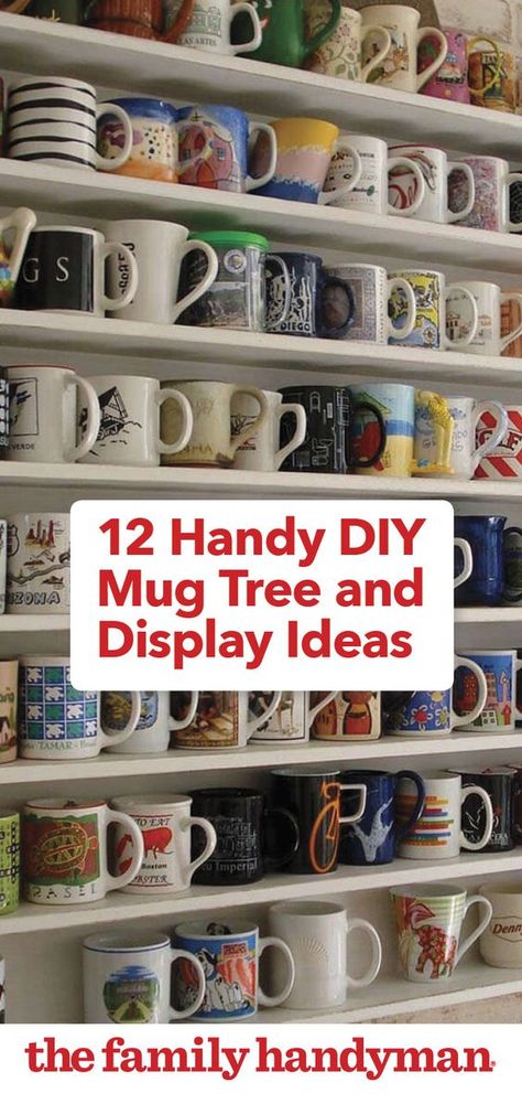 12 Handy DIY Mug Tree and Display Ideas Coffee Mug Storage Display, Tea Cups Storage Ideas, Coffee Bar Mug Rack, Wall Cup Holder Mug Rack, Coffee Station Mug Display, Mug Collection Storage, How To Organize Mugs, Cup Shelves Ideas, Diy Coffee Mug Wall Rack