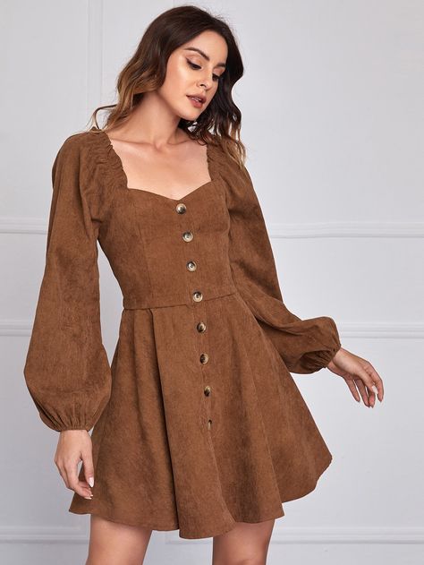 Winter Dresses Short, Corduroy Dress Outfit Winter, Brown Vintage Dress, Corduroy Dress Outfit, Brown Vintage Dresses, Lapel Dress, Elegant Casual Dress, Corduroy Dress, Casual Chic Style