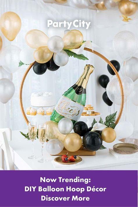 Elevate your next celebration with DIY balloon hoop decor. Discover more DIY balloon ideas at Party City! Circle Backdrop With Balloons, Baloon Garland, Balloon Circle, Balloon Hoop, Balloon Ring, Hoop Decor, Party City Balloons, Champagne Balloons, Pink Flamingo Party