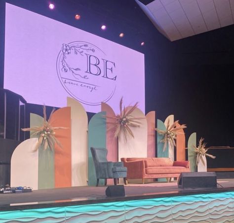 Backdrop For Womens Conference, Conference Stage Backdrop Design, Womens Event Stage Design, Women Conference Decor, Womans Conference Decor Ideas, Women’s Conference Stage Decor, Stage Set Up Events, Conference Stage Decor, Women Conference Ideas Decor