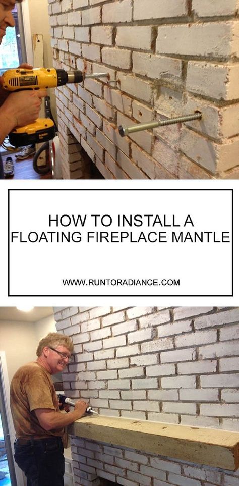 This fireplace mantle diy with a floating wood beam is perfect! I had no idea it would be so easy to drill into brick and create a fireplace mantle diy project. It's perfectly rustic- totally fixer upper approved I think! Fireplace Mantle Diy, Floating Fireplace Mantle, Create A Fireplace, Mantle Diy, Floating Fireplace Mantel, Diy Fireplace Mantle, Floating Mantle, Floating Fireplace, Fireplace Redo