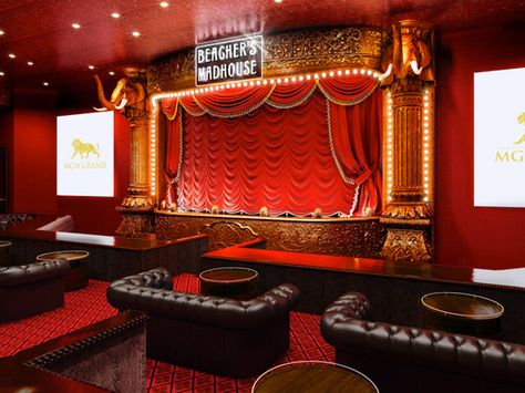 Theatre Curtains, Vegas Nightlife, Bourbon Bar, Soft Opening, Jazz Bar, Mgm Grand, Theatre Design, Theatre Room, Red Rooms