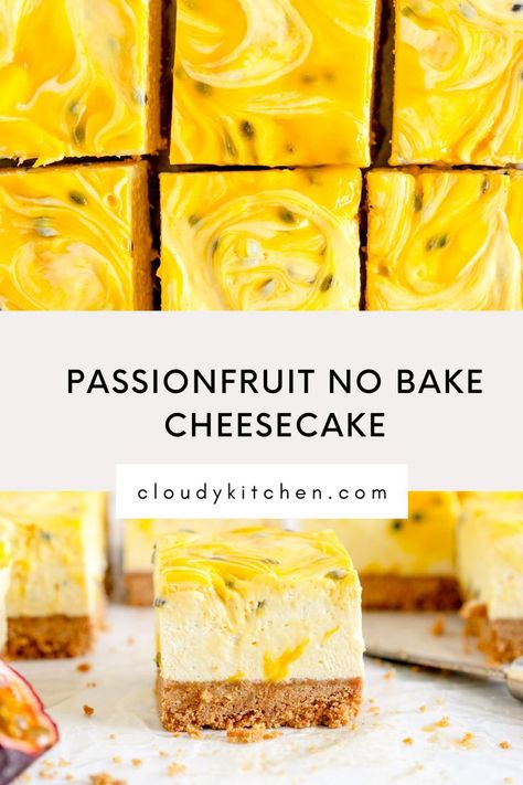 This Easy Passionfruit No Bake Cheesecake has a graham cracker cheesecake crust, a passionfruit cheesecake filling, and a passionfruit curd topping. This is the perfect easy dessert with no baking required. No Bake Passionfruit Cheesecake, Graham Cracker Cheesecake, Passionfruit Curd, Passionfruit Cheesecake, No Bake Cheesecake Filling, Fruit Cheesecake, Passionfruit Recipes, Cheesecake Crust, Easy No Bake Cheesecake