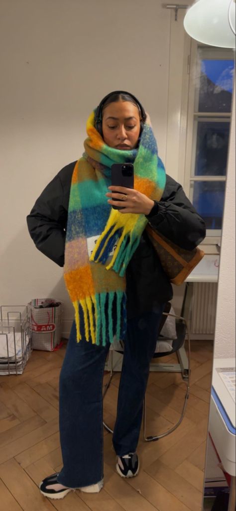 Oversized Scarf Aesthetic, Scarf 2023 Winter, Acne Scarf Street Style, Big Colorful Scarf, Acne Studios Scarf Aesthetic, Rainbow Scarf Outfit, Bright Scarf Outfit, Large Scarf Outfit, Acne Scarf Outfit