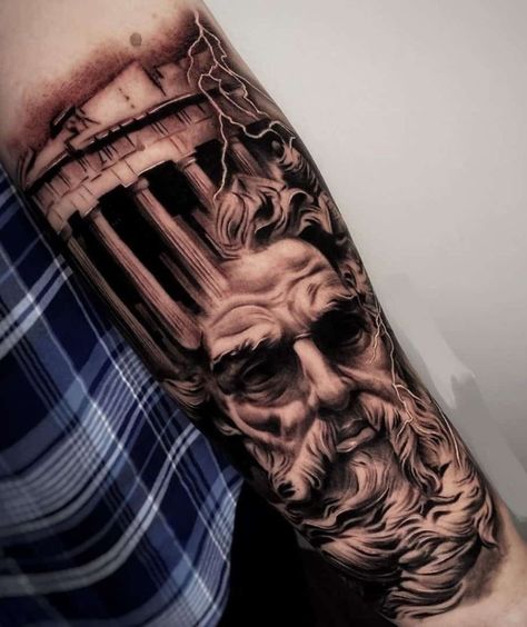 Zeus Tattoos, Tattoo Homme, Athena Tattoo, Greek God Tattoo, Poseidon Tattoo, Zeus Tattoo, Black And Grey Tattoo, Realistic Tattoo Sleeve, Statue Tattoo