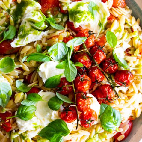 Warm orzo salad with roasted tomatoes, mozzarella and basil - Simply Delicious Warm Orzo Salad, Orzo Tomato, Yum Salad, Pasta Entrees, Stomach Rumbling, Orzo Dishes, Salad Appetizer Cups, Orzo Salad Recipes, Summertime Salads