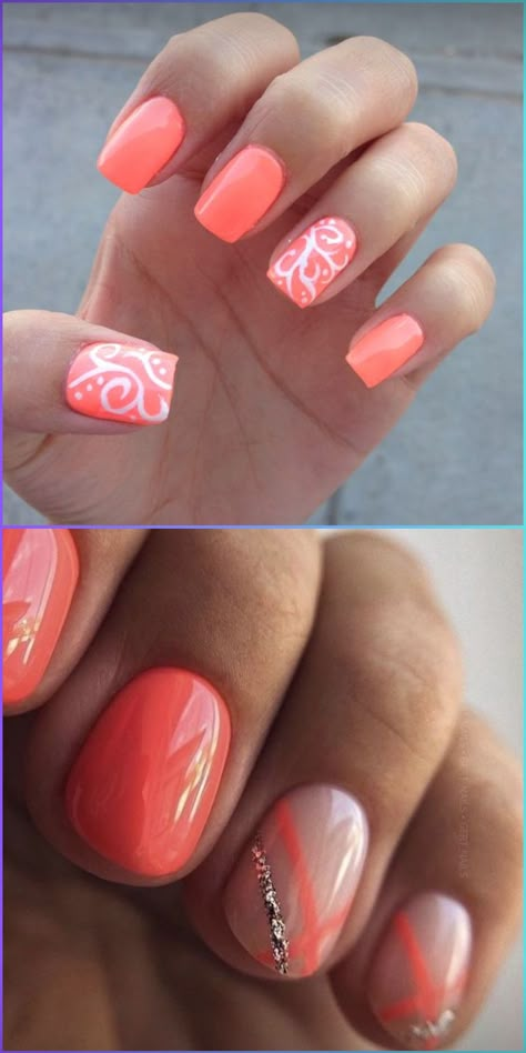 Summer coral nails are all about bright colors and designs in 2024. From neon pink to peach and turquoise, discover ideas that make every nail shape pop. Embrace short acrylic or gel designs, adding a splash of orange and red for the ultimate holiday flair. Yellow And Coral Nails, Orange Beachy Nails, Coral Holiday Nails, Orange Nails Short, Summer Coral Nails, Nails Bright Colors, Bright Coral Nails, Coral Gel Nails, Neon Coral Nails