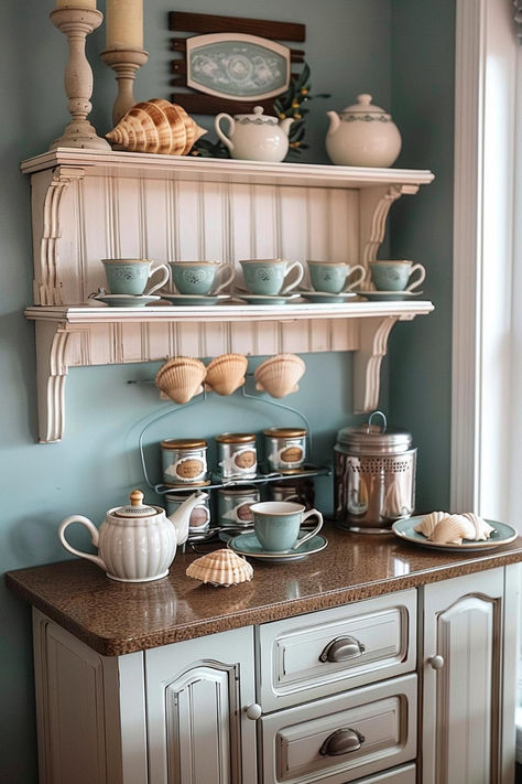 35 Beautiful Tea Station Inspirations for Any Space Tea Nook In Bedroom, Tea Nook Ideas, Tea Bar Ideas Kitchen Counter, Tea Making Station, Antique Coffee Bar Ideas, Tea Display Ideas, Tea Bar Station, Tea Station Ideas Small Spaces, Tea Station Ideas