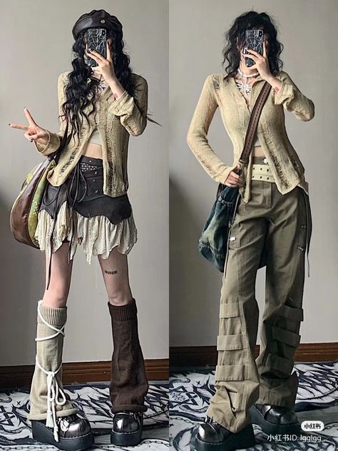 Sheer Layered Outfits, Japanese Inspired Outfits Street Styles, Fantasy Grunge Outfits, Brown Alt Outfit, Dunecore Outfits, Apocolypse Aethstetic Outfit, Layered Grunge Outfits, Outfit Ideas Chinese, Dune Aesthetic Outfit