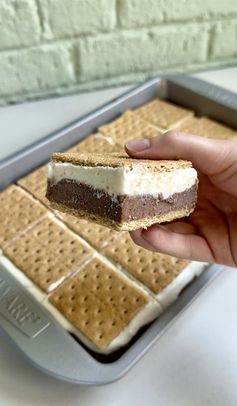 Frozen S’mores Smore Ice Cream Sandwich, Frozen Smores Sandwiches, Frozen Protein Smores, S’mores Ice Cream Dessert, Frozen Smores Recipe, Frozen S’mores, Frozen Desserts Make Ahead, Ice Cream Dessert Ideas, Cream Cheese And Marshmallow Fluff