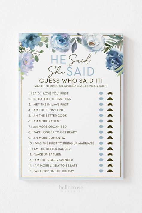 Who Did It First Bridal Shower Game, Who Said It Bridal Shower Game, Hens Party At Home, Something Blue Hens Party, Blue Hen Party, Blue Hens Party, He Said She Said Bridal Shower Game, Bachelorette Party Blue, Something Blue Bridal Shower Theme