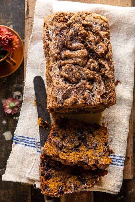 Cinnamon Swirl Chocolate Chip Pumpkin Butter Bread | halfbakedharvest.com Pumpkin Butter Bread, Fall Deserts, Half Baked Harvest Recipes, Moist Pumpkin Bread, Butter Bread, Cheese Pumpkin, Harvest Recipes, Pumpkin Butter, Pumpkin Bread Recipe