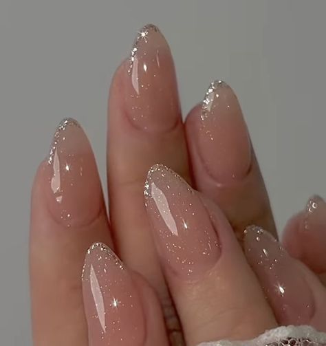 Neutral Nails Prom, Nails For Mini Prom, Homecoming Nail Ideas Almond, Simple Pink Nail Designs Almond, Shimmer Wedding Nails, Almond Nails Glitter Tip, Natural Nails Dip Powder Designs, Innocent Nails, Simple Nail Inspo Trendy Short Almond