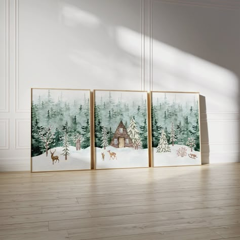 "𝐏𝐑𝐈𝐍𝐓𝐀𝐁𝐋𝐄 𝐀𝐑𝐓 | Winter Scene with Cabin and Snowy Forest Digital Print ✨️ INSTANT DOWNLOAD - Save time and money with immediate delivery. Find your files under \"purchases\" on a web browser (not the Etsy app): www.etsy.com/your/purchases. If your files are too big for Etsy, you will find a PDF download with a link to a Dropbox. ✨️ PRINT AT HOME - Making it simple and easy to refresh home decor for different seasons or celebrations. You can also use online or in-person printing serv Snowy Pine Trees, Forest Deer, Gallery Prints, Door Art, Winter Szenen, Family Canvas, Deer Family, Snowy Forest, Winter Cabin