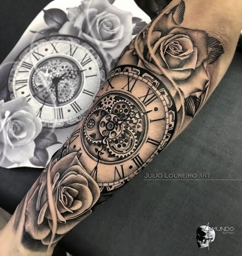 Mama Tattoos, Time Piece Tattoo, Clock Tattoo Sleeve, Pocket Watch Tattoo Design, Clock And Rose Tattoo, Watch Tattoo Design, Outer Forearm Tattoo, Half Sleeve Tattoos Forearm, 2 Tattoo