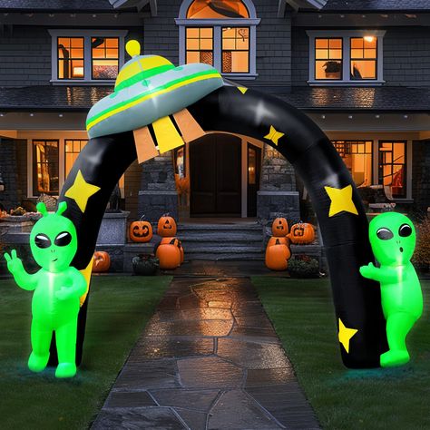 PRICES MAY VARY. 【8FT Alien Halloween Decoration】Our Halloween inflatable is going to take your festive yard decor to the next level! With a height of 8 ft and a width of approx. 10.6 ft, designed with green aliens and a UFO, this giant Halloween decoration is sure to add a spooky touch to your home. 【Lighted Halloween Inflatable Archway】Our blow up Halloween decoration comes with 6 LED lights built inside to light up your yard at night, making it easy to attract your family, neighbors, guests, Inflatable Halloween Decorations, Alien Balloon Garland, Alien Trunk Or Treat, Ufo Decorations, Alien Halloween Decorations, Alien Party Decorations, Easy Outdoor Halloween Decorations, Halloween Photo Props, Haunted House Halloween Party