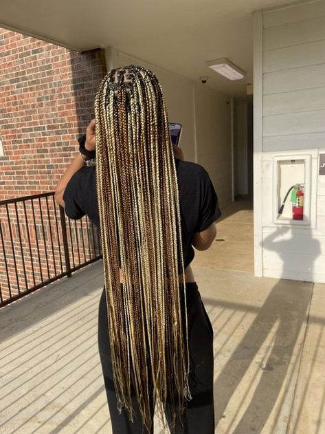 Black Blonde And Brown Box Braids, Three Color Braids Black Women, Peekaboo Blonde Braids With Curls, Brown Blonde Black Braids, Braided Hairstyles Brown And Blonde, Black And White Braids Peekaboo, Half Blonde Half Brown Braids, Brown And Blonde Mixed Braids, 30 And 613 Braids