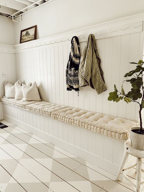 #foyer #interiordesign #homedecor #interior #design #foyerdecor #entryway #foyerdesign #architecture #entrywaydecor #home #interiors #interiordesigner #decor #entry #interiorstyling #realestate #furniture #homesweethome #interiordecorating #interiorinspo #art #entrance Storage Bench In Mudroom, Bench Laundry Room, Hallway With Bench Seat, Mud Room With Bench Seat, Shiplap Bench Seat, Mudroom With Beadboard, Entry Way Shiplap Wall With Bench, Pegrail Diy, Shiplap Bench