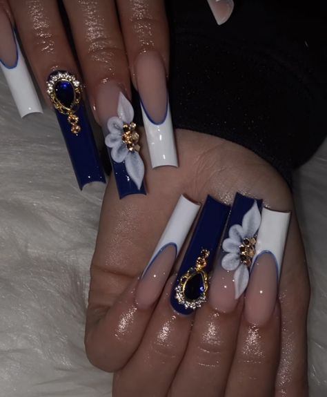 Nail Inspo Coffin 3d Flower, Navy Blue Nails With 3d Flowers, Navy Rhinestone Nails, Dark Blue Nails For Graduation, Navy Quince Nails, Dark Royal Blue Nails Acrylic, Acrylic Nail Designs Navy Blue, Navy Blue Masquerade Quince, Navy Blue Nails Long