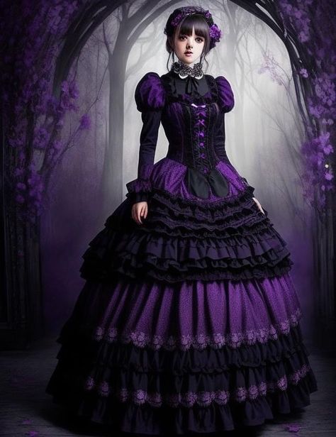 Purple Vampire Outfit, Purple Gothic Dress, Victorian Corset Dress, Purple Vampire, Purple Goth Dress, Goth Anime, Dark Purple Dresses, Purple Goth, Dark Purple Hair