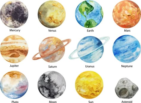 Watercolor solar system planets on white background. Sun, Mercury, Venus, Earth, Mars, Jupiter, Saturn, Uranus, Neptune, asteroid What Color Is Saturn, Mercury Venus Earth Mars, Uranus Planet, Mercury Planet, Tata Surya, Jupiter Planet, Solar System Art, Planet Painting, Planetary Symbols