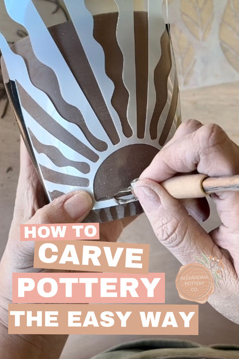 Carving clay made easy! Fun tutorial for hand-carving pottery. Learn how to make pottery projects step by step. Easy Ceramics! Mugs, Vases and more... Glazing Carved Pottery, Scrafitto Ceramics Ideas, How To Carve Pottery, Carving On Pottery, Carved Mugs Pottery, Carving Clay Ideas Patterns, Ceramics Carving Ideas, Carved Pottery Mugs, Carved Ceramic Mugs