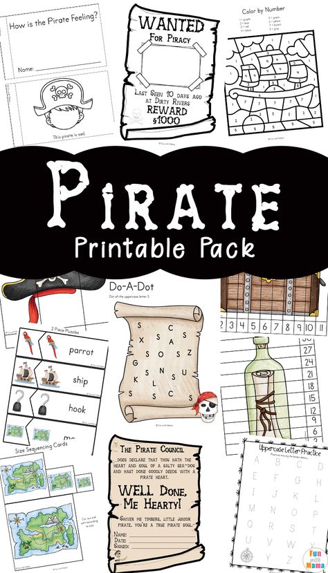 Pirate games for kids, pirate learning activities, free printables via @funwithmama Pirate Games For Kids, Pirate Preschool, Pirate Printables, Pirate Unit, Pirate Classroom, Pirate Coloring Pages, Pirate Activities, Camping Theme Classroom, Pirate Crafts