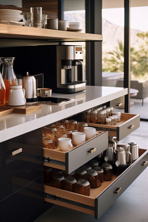 'Coffee Bar Styling Tips: Creating a Personal Haven - WFM Coffee Bar Coffee Bar With Prep Sink, Master Coffee Bar, Coffee Bar Built In Kitchen, Coffee Center In Kitchen, Luxury Snack Bar, Bar And Coffee Station Ideas, Coffee Nook In Kitchen, Pantry Coffee Bar, Luxury Coffee Shop