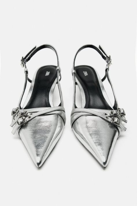 Shoes With Straps, Silver Shoes Heels, Black Slingback Heels, Pointy Heels, Shoes Photo, Womens Stilettos, Metallic Heels, Slingback Heels, Silver Sandals