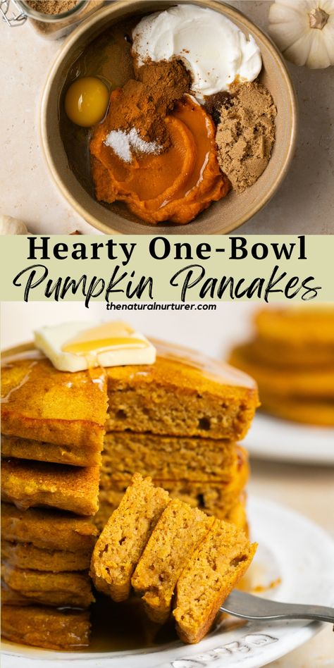 Making homemade Hearty One-Bowl Pumpkin Pancakes Whole Wheat Flour Pancakes, Wheat Flour Pancakes, Eggs Greek Yogurt, Healthy Fall Breakfast, Pumpkin Pie Breakfast, Pumpkin Oatmeal Muffins, Pumpkin Breakfast Recipes, Pumpkin Pancake Recipe, Pumpkin Oats