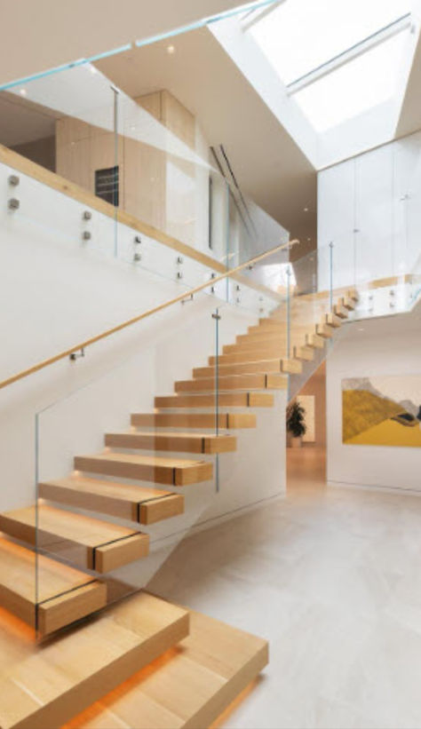 Floating stairs 2024 Viewrail Floating Stairs, Floating Stairs With Landing, Modern House Staircase, Floating Stairs Modern, Stairs With Glass Railing, Mezzanine Stairs, Stairs With Glass, Stair Inspiration, Winder Stairs