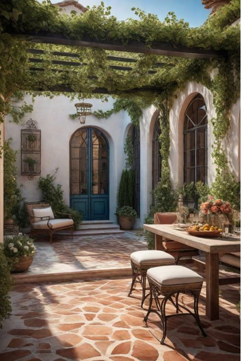 Mediterranean-style backyard patio with pergola Italian Patio Ideas Tuscany Italy, Easy Backyard Patio, Easy Patio Ideas, Modern Mediterranean Backyard, Mediterranean Patio Ideas, Spanish Style Patio, Terracotta Patio, Mexico Houses, Spanish Patio