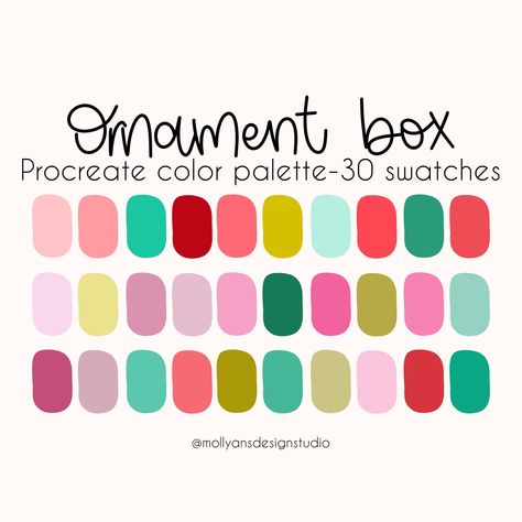 The Ornament Box Procreate Color Palette! Perfect for Christmas, fall, or the holiday season, this Procreate color palette is made from my favorite, handpicked swatches ready for you to enjoy and create with! Ornament Box not only could be used for Christmas inspired digital art, but for those who love deep, boho colors and funky retro aesthetics! Ps...this is the color palette I use most of the time for my own personal works! :) Procreate color palettes are a perfect way to keep cohesive colors organized right at your finger tips while using the Procreate app! After you purchase, you'll download the file from Safari NOT the Etsy app. Once the files are downloaded and you open the file, the palette will automatically import into Procreate! You will find this palette ready to go in your Pro Cute Christmas Color Palette, Vintage Holiday Color Palette, Whoville Color Palette, Colorful Christmas Background, Merry And Bright Color Palette, Colorful Christmas Palette, Christmas Procreate Palette, Pastel Christmas Palette, Grinch Color Palette