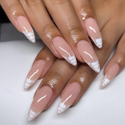 Croc Nails Almond Shape, Almond Nails With Colored French Tip, Almond White Design Nails, Melting French Tip Nails, Different Design French Tip Nails, Gel Nail Designs Medium Length Almond, Snake Skin French Tip Nails Almond, White Snake Skin French Tip Nails, Crocodile Nails French Tip Almond