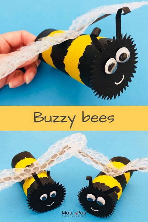 Paper roll buzzy bees. You’ll bee buzzing about this lovely summer craft for kids. Transform toilet rolls into these brilliant buzzy bees with groovy bubble wrap wings. So quick and easy to make. A great summer holiday boredom buster for kids. #paperrollbees #toiletrollbees #TProllcraft #toiletrollcraft #boredombusters April Crafts For Kids, Tree Paper Craft, Bug Craft, Old Toilet, Bumble Bee Craft, Do It Yourself Decoration, Bee Craft, Bee Crafts For Kids, Boredom Busters For Kids