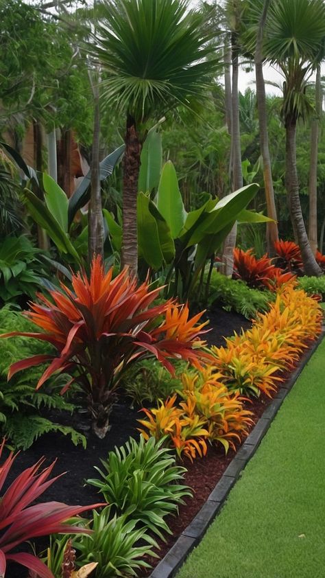 Tropical Treasures: 15 Landscaping Ideas to Turn Your Outdoor Space into a Paradise 34 Miami Garden Ideas, Tropical Hedge, Flower Arch Garden, Tropical Garden Uk, Modern Australian Garden, Caymen Islands, Unique Landscaping, Land Scaping, Tropical Backyard Landscaping